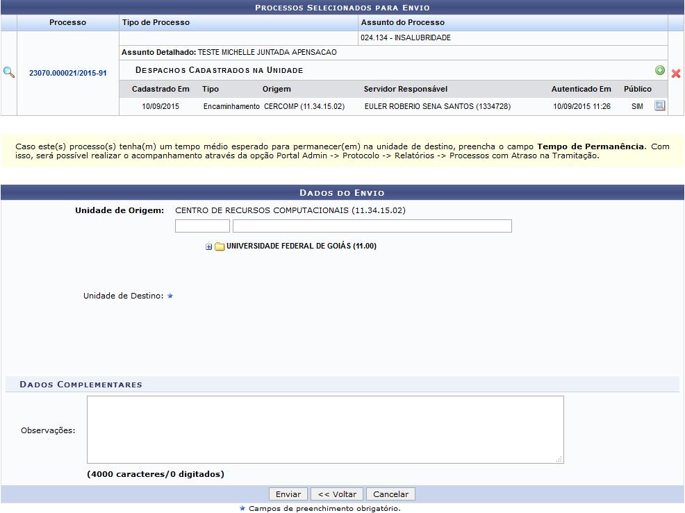 Se desejar cadastrar um despacho eletrônico para o processo que será enviado, clique no ícone.