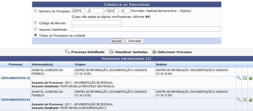 CANCELAMENTO DE JUNTADAS Esta funcionalidade permite cancelar o encaminhamento dos processos enviados pela unidade, que ainda não foram recebidos em suas unidades de destino.