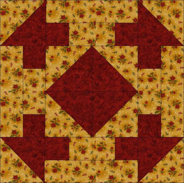 Bloco 40: Ruínas de Jericó - Tecido tostado floral: 4 quadrados de 9,5 x 9,5 cm 4 faixas de 4,75 x 8,5 cm 4 faixas de 4,75 x 16 cm - Tecido vermelho: 4 quadrados de 9,5 x 9,5 cm 8 quadrados de 4,75 x