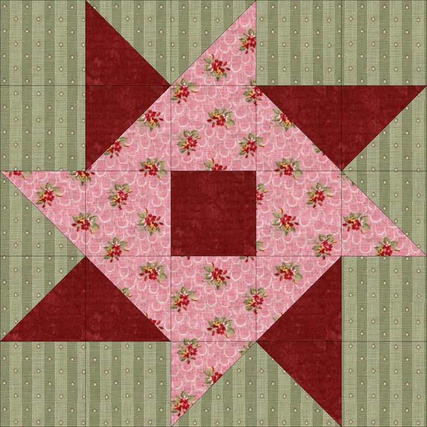 Bloco 34: Cata-vento Girando (Whirling Pinwheel) - Tecido vinho: 9 quadrados de 7 x 7 cm - Tecido floral: 4 retângulos de 7 x 13 cm - Tecido bege 4 retângulos de 7 x 13 cm.