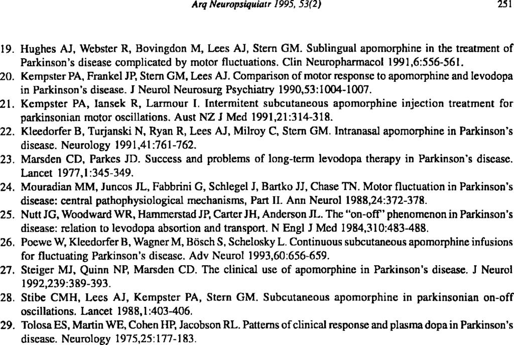 19. Hughes AJ, Webster R, Bovingdon M, Lees AJ, Stern GM. Sublingual apomorphine in the treatment of Parkinson's disease complicated by motor fluctuations. Clin Neuropharmacol 1991,6:556-561. 20.