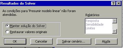 Problemas de escala Em geral ocorrem em modelos com variáveis de diferentes escalas (algumas variáveis expressas em unidades e outras em milhares ou milhões) Pode levar a um falso negativo: Solver