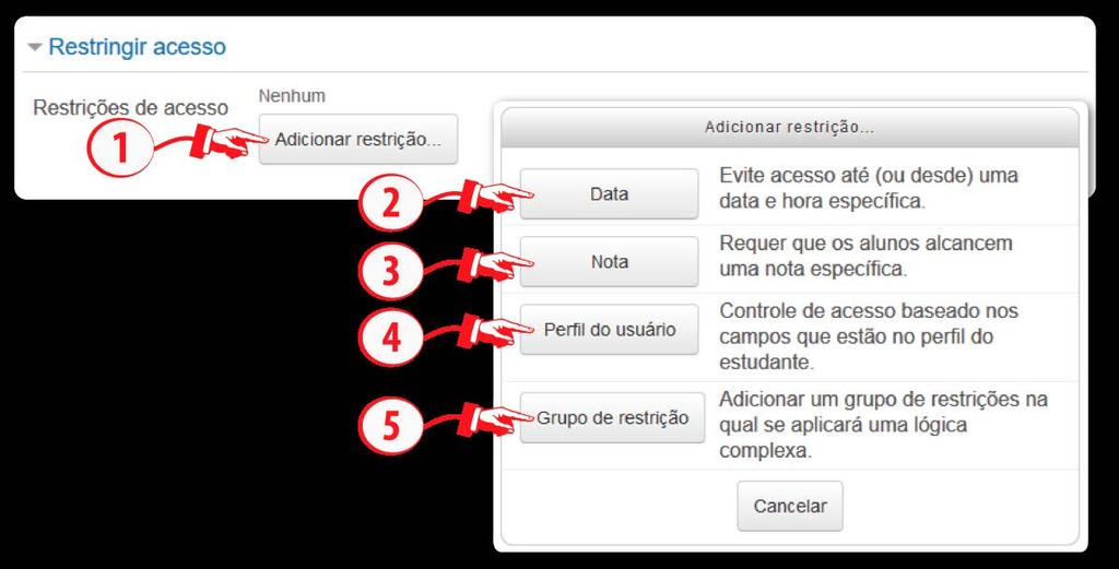 Figura 10 Configurações para restringir acesso Ao adicionar uma restrição, basta configurar cada opção de acordo com o desejado: Restrições de acesso (1): determina se o estudante Deve ou Não Deve