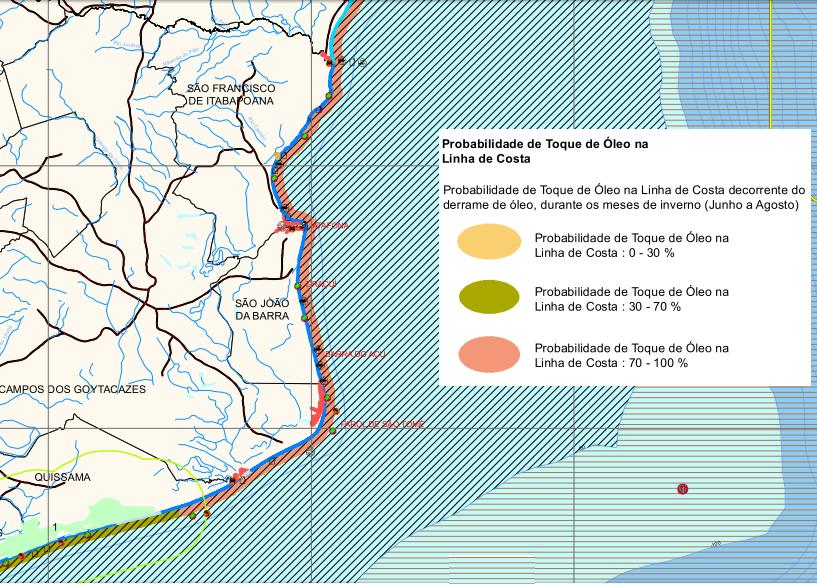30 Figura 7. Probabilidade da presença de óleo no litoral norte do RJ. Fonte: Mapa de Vulnerabilidade (EIA da Unidade de Perfuração UN/ES, 2006, Anexo II.5-2, Folha A, adaptado.