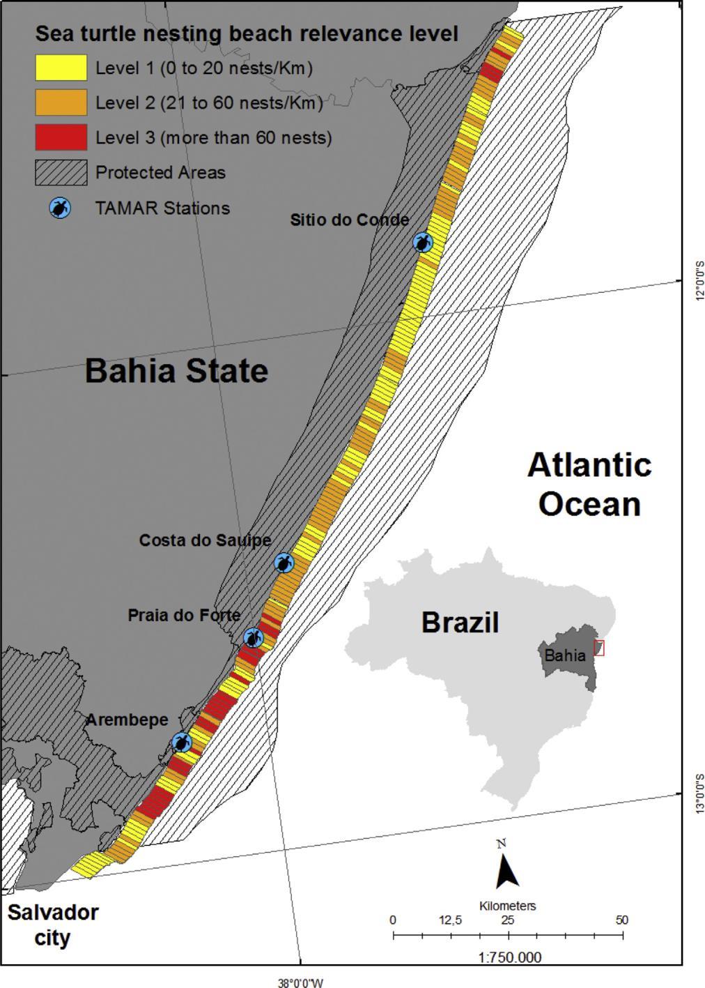 34 A Figura 10 apresenta um exemplo: o Guia de Relevância do estado da Bahia, onde estratégias de uso terrestre relacionadas a cada nível de relevância foram desenvolvidas para proteger tartarugas