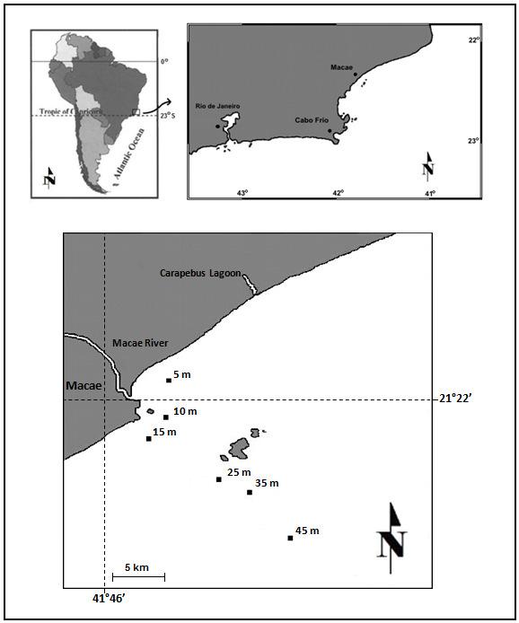 ÁREA DE ESTUDO Figura 1: Mapa evidenciando o litoral de Macaé (RJ) e a posição dos