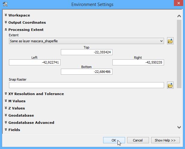 É necessário realizar duas alterações nas Configurações de Ambiente do ArcMap: Na janela Environment Settings, procure pela categoria Processing Extent.