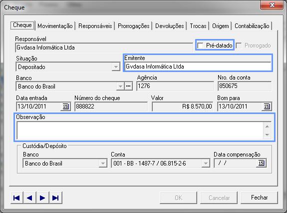 5. Edição de cheques - CHQ_ManChequeReceber Para a edição de detalhes do cheques, é necessário selecionar o cheque e clicar sobre o botão de editar, como ilustra a Figura 16.