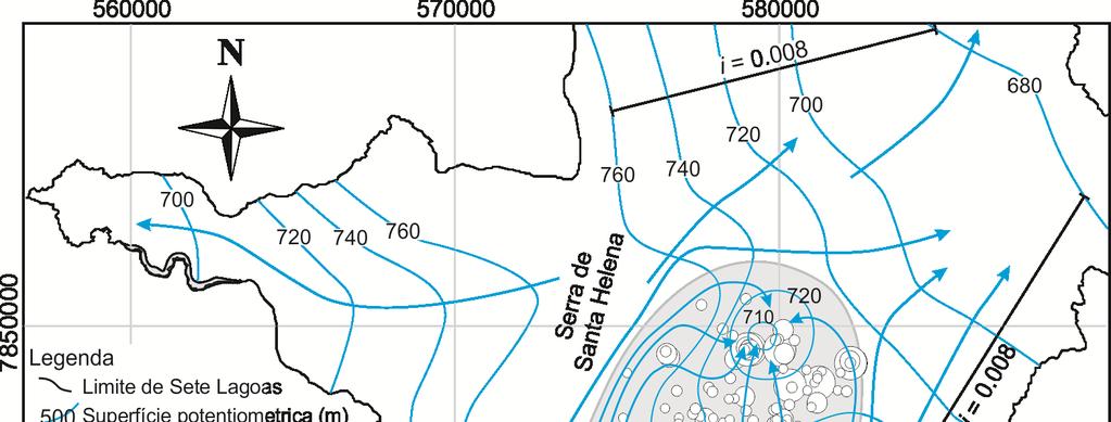 Figura 2 Superfície potenciométrica do aquífero, onde é