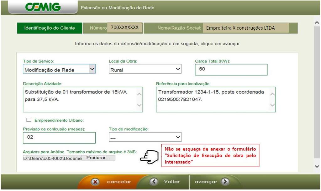 b) Exemplo de solicitação de NS para Modificação Rural