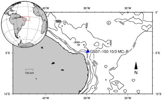 2. ÁREA DE ESTUDO O testemunho GS07-150 10/3 MC-B (4⁰49.376S e 34⁰52.956W) foi recuperado de uma profundidade de 939 m na costa nordeste do Brasil próximo ao Estado do Rio Grande do Norte (Figura 1).
