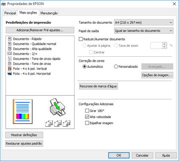 Seleção das opções de leiaute e impressão - Windows Você pode selecionar uma variedade de opções adicionais de leiaute e impressão para seus documentos ou fotos na guia Mais opções. 1.