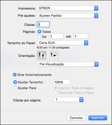 Você verá a janela de configurações da impressora expandida para o seu produto: Observação: A janela de impressão pode ser diferente, dependendo da versão do sistema operacional Mac e do aplicativo