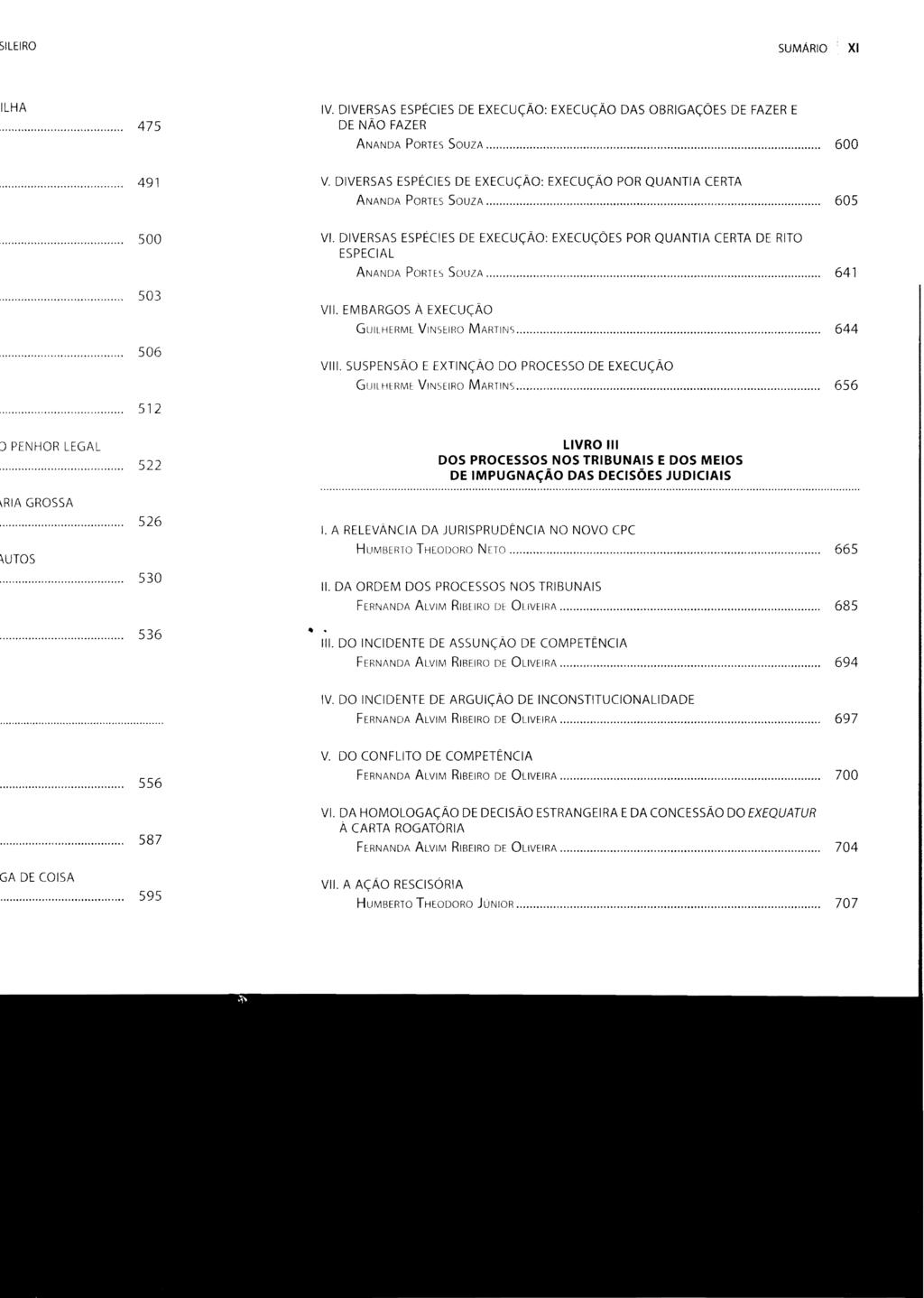 SUMÁRIO XI IV. DIVERSAS ESPÉCIES DE EXECUÇÃO: EXECUÇÃO DAS OBRIGAÇÕES DE FAZER E DE NÃO FAZER ANANDA PORTES SOUZA... 600 V. DIVERSAS ESPÉCIES DE EXECUÇÃO POR QUANTIA CERTA ANANDA PORTES SOUZA... 605 VI.
