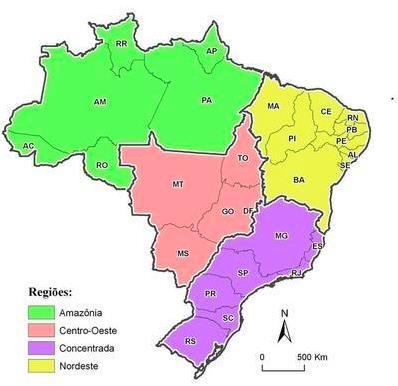 A terceira e última divisão regional do Brasil é conhecida como Os quatro Brasis e busca indicar como se deu o desenvolvimento do espaço geográfico brasileiro por meio da organização