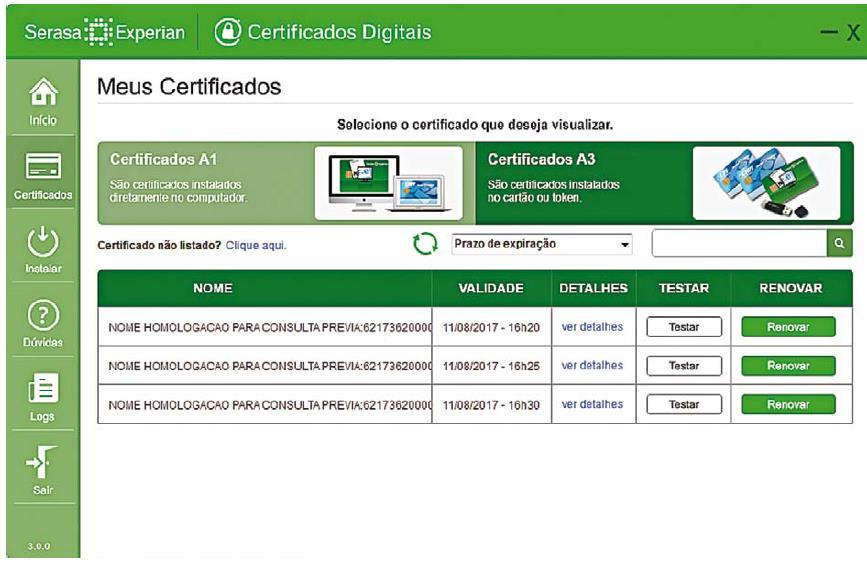 Em seguida, clique no botão renovar ao lado do certificado escolhido.