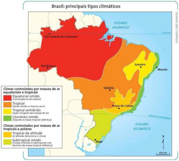 1.3 Principais tipos climáticos no Brasil Geografia para as Polícias Militares Oficial e Soldado A localização da maior parte do extenso território brasileiro em áreas de baixas latitudes, entre o