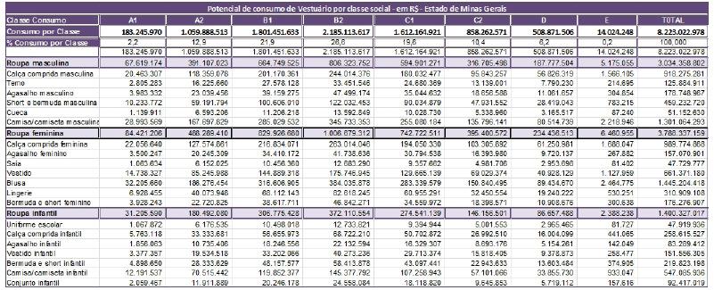Consumo por classe econômica Potencial de consumo do estado de Minas Gerais Tabela 11: Mercado de