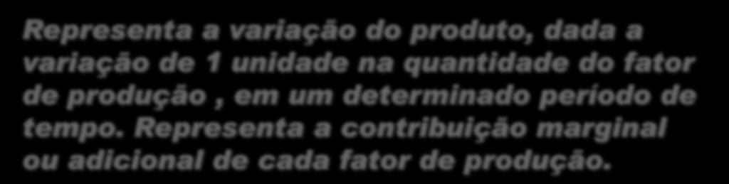 Produtividade Marginal Representa a variação do produto, dada a variação de 1 unidade na quantidade do fator de produção, em um determinado período de tempo.