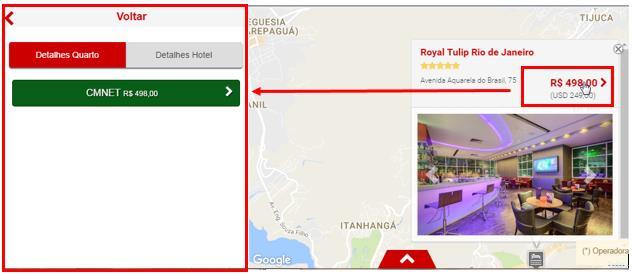 ponto ao outro. Lembrando que o hotel será apresentado no mapa somente se o provedor Online retornar no momento da pesquisa a Latitude e Longitude.