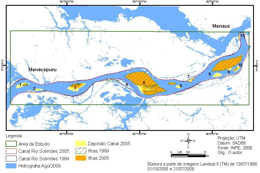 Figura 4. Mapa das alterações no sistema fluvial entre os dois períodos hidrológicos. Nas observações 2, 6, e 8 temos os bancos de depósito de sedimentos que emergiram no canal do rio Solimões.