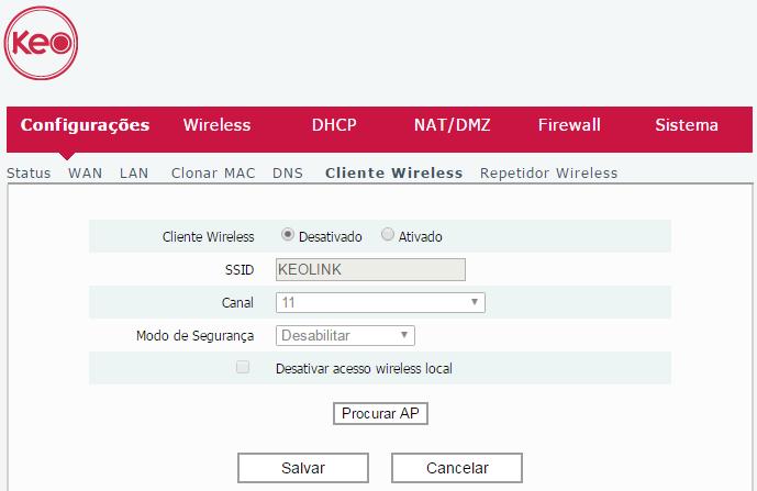 A configuração desse modo de operação está disponível nas configurações avançadas, no menu Configurações>Cliente wireless da interface web do KLR 300N.