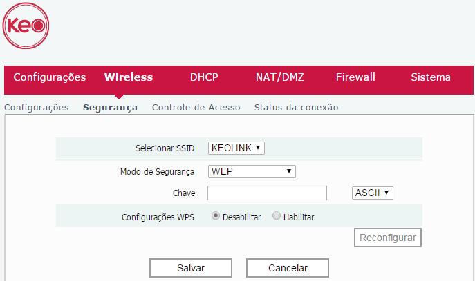 Submenu segurança Tela de configuração da segurança da rede Wi-Fi O submenu Segurança do menu Wireless permite configurar os detalhes de segurança da sua rede Wi-Fi.