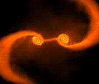 fundem-se. Este fenômeno produz ondas gravitacionais intensas, que espera-se, sejam detectadas futuramente.