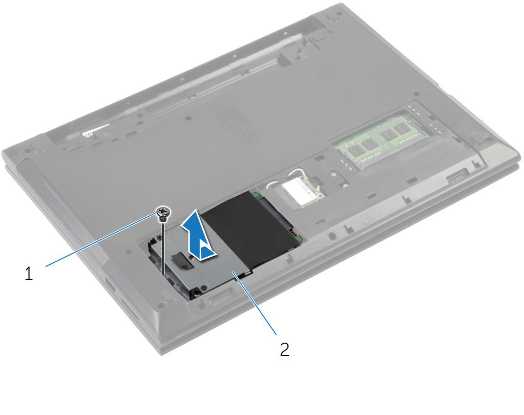 3 Usando a aba de puxar, levante e deslize o conjunto do disco rígido para fora das abas na base do computador.