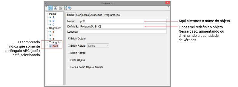 JANELA DE PROPRIEDADES Clicando com o botão direito do mouse sobre um objeto na Janela de Visualização ou sobre seu nome na Janela de Álgebra podemos acessar a Janela de Propriedades.