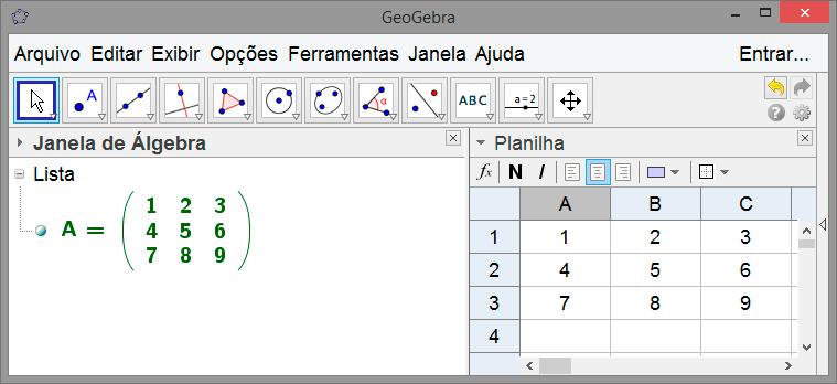 Coluna, o GeoGebra retorna a seguinte lista: Lista2 = {1, 4, 7, 2, 5, 8, 3, 6, 9} Com os mesmos valores selecionados podemos clicar em Matriz.