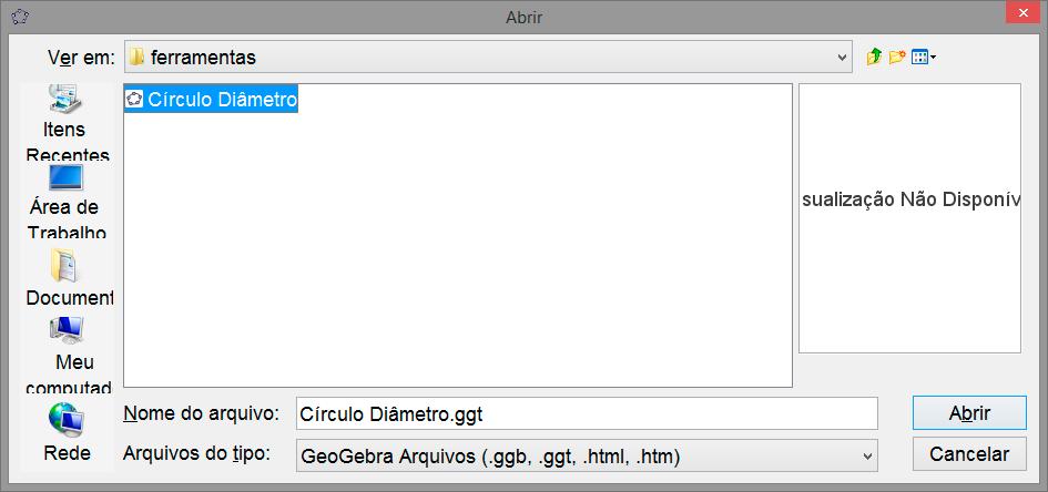 Após baixar o arquivo em seu computador, abra o GeoGebra e clique em Arquivo e acesse a opção Abrir. Em seguida, escolha o arquivo circulodiametro.ggt e clique em Abrir.