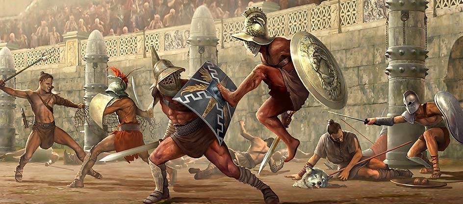 OS GLADIADORES LUTAVAM ENTRE SI NAS ARENAS (A MAIS FAMOSA ERA O COLISEU DE ROMA), PARA ENTRETER O PÚBLICO, UTILIZANDO ESPADAS, ESCUDOS, REDES, TRIDENTES, LANÇAS, ETC.