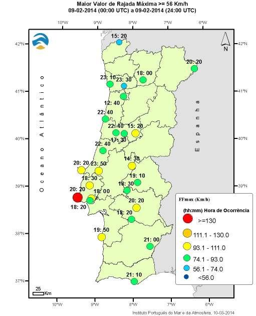 Tabela 2 Valores mais elevados de rajada máxima nos dias 9 e 10 de fevereiro 2014 Estação Meteorológica Rajada Máxima (km/h) Dia/Hora de ocorrência Cabo Roca 134 9/ 20:20 Fóia 117 10/ 00:00 Dois