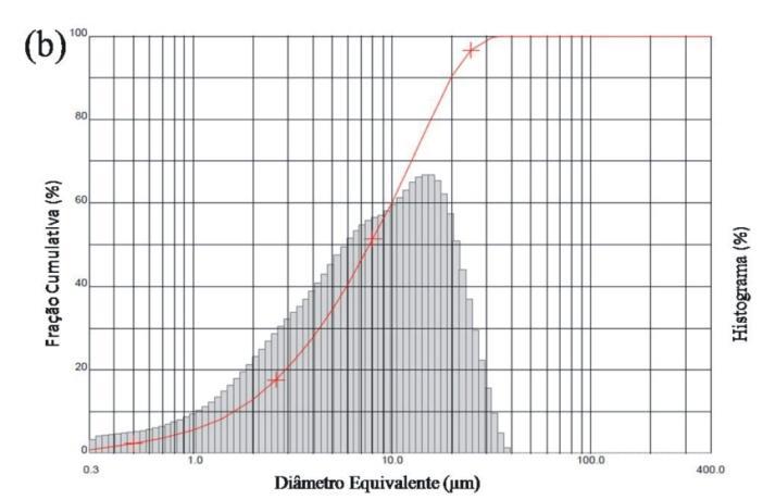 Por outro lado, a argila plástica apresenta uma faixa mais estreita de tamanho de partícula (8 a 20 µm), corroborando a sua maior plasticidade.