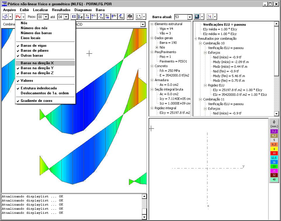 PÓRTICO NÃO-LINEAR FÍSICO E GEOMÉTRICO 263 Todos os diagramas podem ser visualizados com gradiente de cores ou com cor uma única que pode ser configurada nos parâmetros de visualização (menu "Exibir"