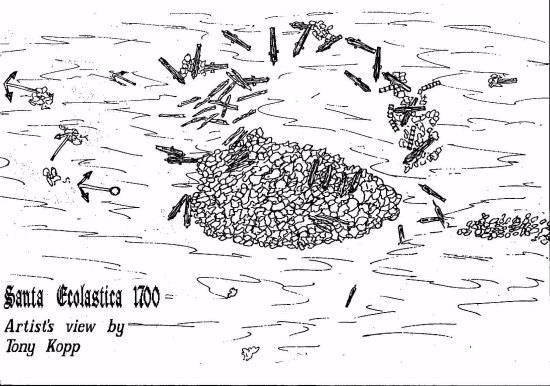 Figura 16: Croqui do sítio da nau Santa Escolástica produzido por caçadores de tesouro provavelmente no princípio da década de 1980 (Fonte: acervo digital Observabaía). Potencial de Visitação:?