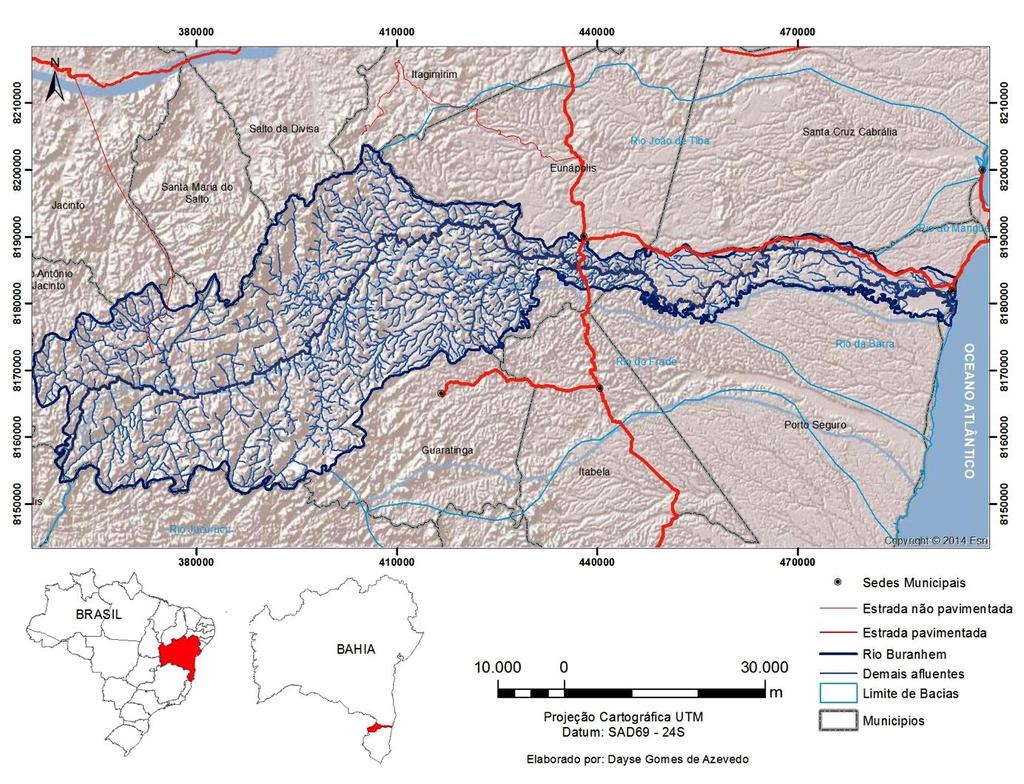 29 3 METODOLOGIA 3.1 Localização da área de estudo A Bacia Hidrográfica do Rio Buranhém BHRB, abrange parte do Extremo Sul do estado da Bahia e leste de Minas Gerais, com uma área de 2.504,83 km².