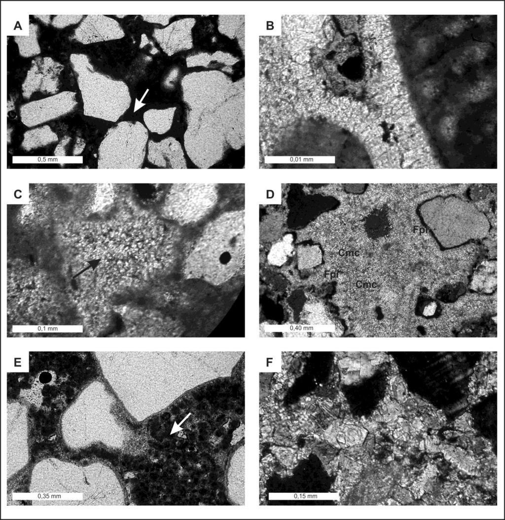 Figura 4. Principais morfologias de cimento carbonático encontrados nas microfácies estudadas. (A) Cutículas cripto-cristalinas precipitado no espaço intergranular.
