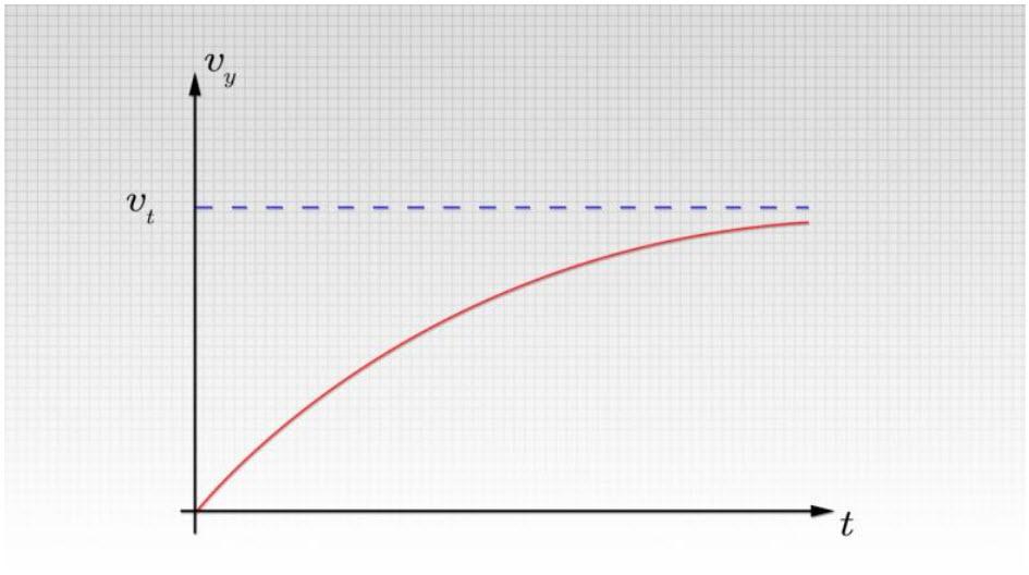 Figura 3.10: Velocidade da gotícula em função do tempo. Devido ao atrito com o ar, a velocidade atinge uma velocidade final constante v. Isso é similar ao princípio de funcionamento do paraquedas.
