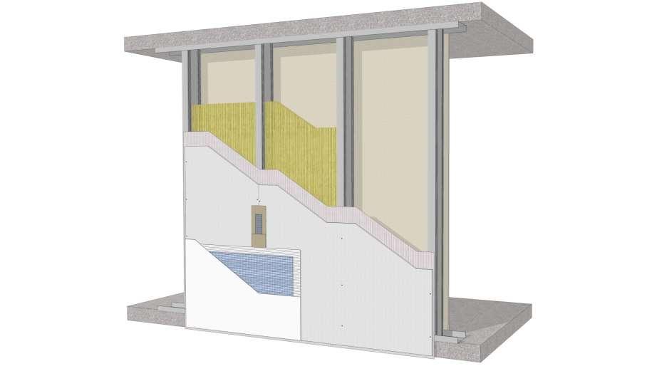 Sistema de paredes Guia Knauf Tyvek Aquapanel Chapa Aquapanel Tratamento de juntas (massa e fita) Chapa Knauf drywall Montante Knauf Lã mineral