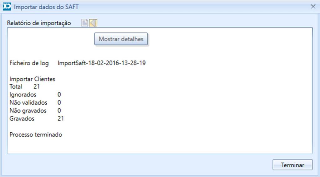 4º Passo relatório de importação No final do processo será apresentado um resumo do mesmo.