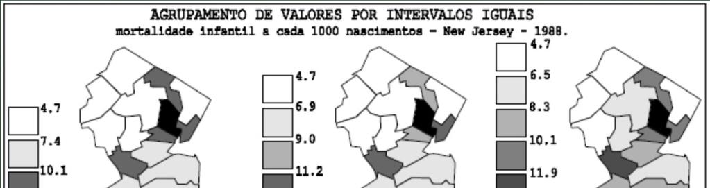 Métodos de Classificação INTERVALOS IGUAIS Tamanho do Intervalo = Máximo Mínimo / Número de Classes Ex.