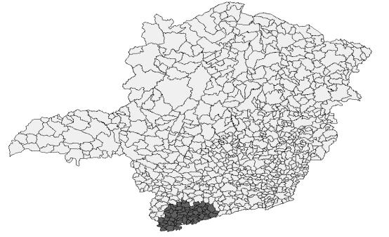 Figura 1 - Mapa do Brasil evidenciando o estado de Minas Gerais. Em destaque no mapa do estado de Minas Gerais os municípios de estudo. Figura universal. Fonte: próprios autores.
