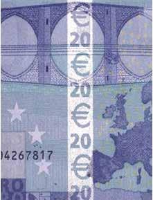 Esta banda de cor neutra apresenta o símbolo euro e o valor da denominação e irá brilhar quando a nota é