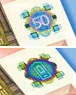 notas de euro de 50, 100, 200 e 500 da série 1, possuem um elemento holográfico que se encontra presente no