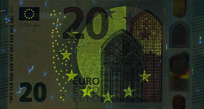Métodos de verificação da autenticidade da nota de euro 29 As notas da série Europa apresentam caraterísticas distintas à luz ultravioleta