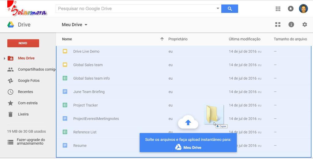 Fazer o upload de arquivos para o Drive no seu navegador Você pode armazenar qualquer arquivo no Drive: fotos, desenhos, vídeos, entre outras opções.