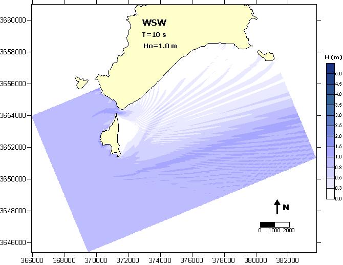m. Direcções ao largo de WNW e W. Figura 6 - Alturas de onda junto à praia do Porto Santo. Cálculos efectuados para uma onda incidente com período de s e altura de. m.
