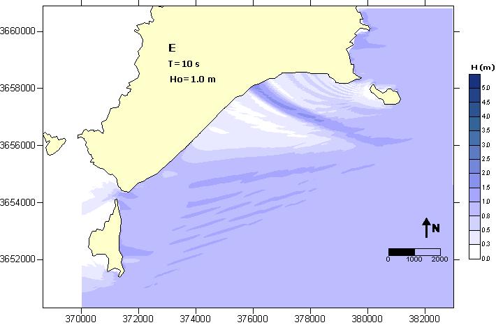 Direcções de E e ENE A agitação que atinge a zona junto à praia é resultado da agitação que contorna o ilhéu de Cima por difracção e a que penetra no canal do Boqueirão de Cima.
